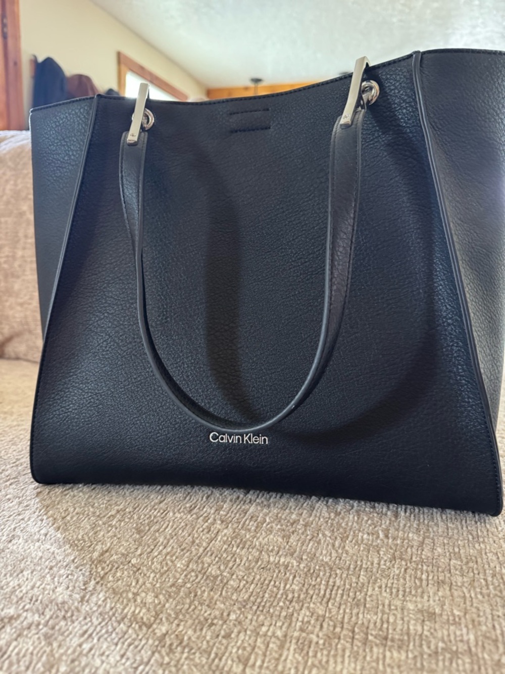 Calvin Klein Black Pebbled Leather Tote with Silver Accents